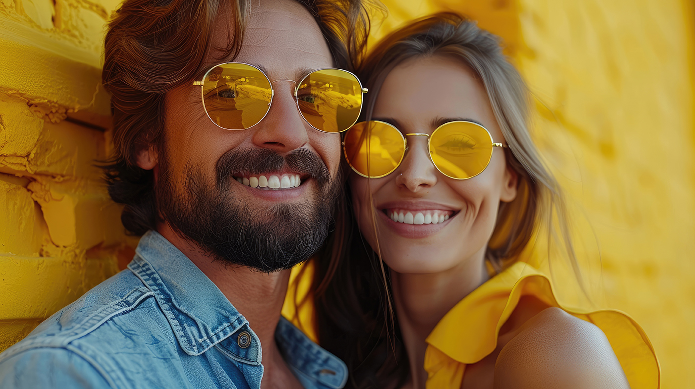 A happy man and woman on a date wearing yellow sunglasses and posing for a photo together