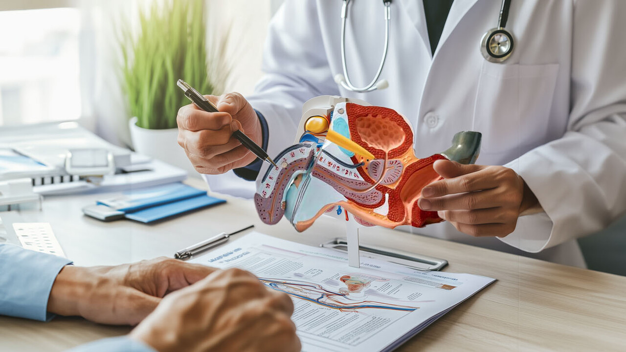 A doctor explains the male reproductive system using a prostate model, pointing with a pen, while discussing medical charts with a patient.