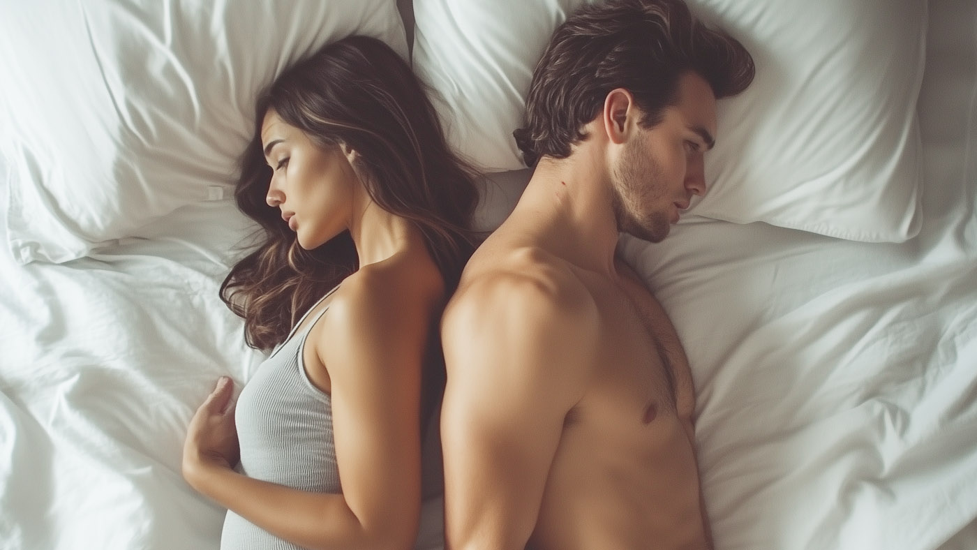 man and women laying back to back in bed